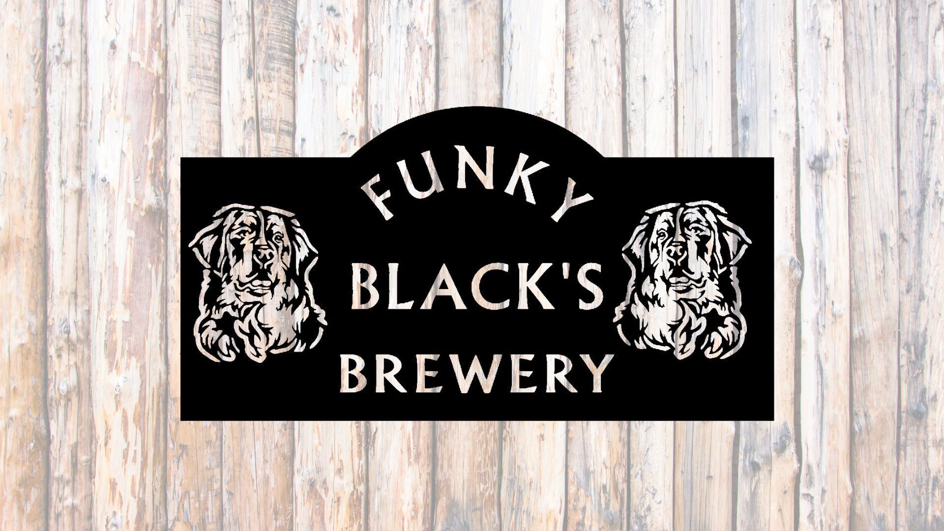 A black rectangular sign with the text "Funky Black's Brewery" in white. The sign features illustrations of two dogs, one on each side of the text. The background is a wooden texture.